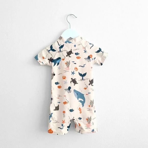 NWT Cute Boys One-Piece Swimsuit ShortSleeve Swimwear Summer Under the Sea 6-12M - Picture 2 of 6